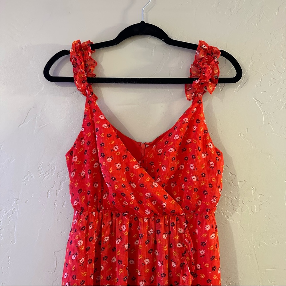 Madewell Ruffle-Strap Wrap Dress Metallic Striped Prairie Posies Red - Picture 5 of 14